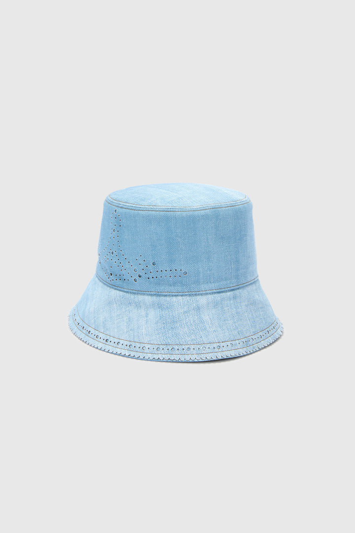 Bucket Hat in Marocain Fabric with Jeans Print and Broguing
