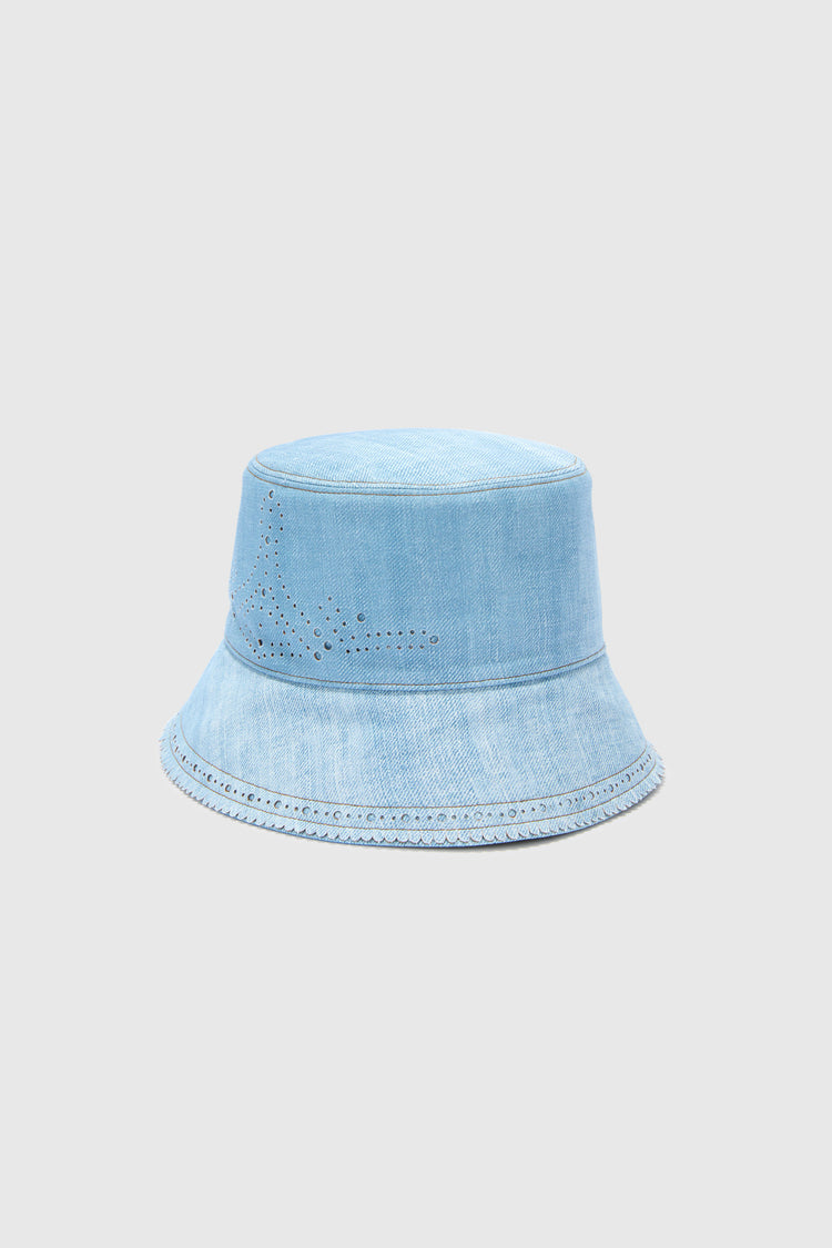 Bucket Hat in Marocain Fabric with Jeans Print and Broguing