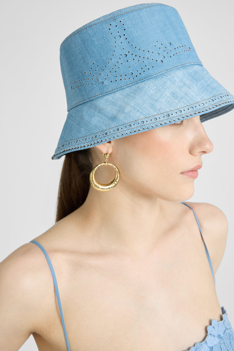 Bucket Hat in Marocain Fabric with Jeans Print and Broguing