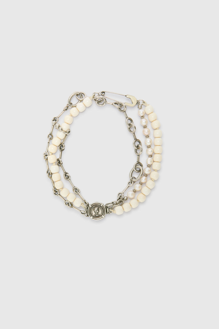 Multistrand necklace with pearls and coin clasp