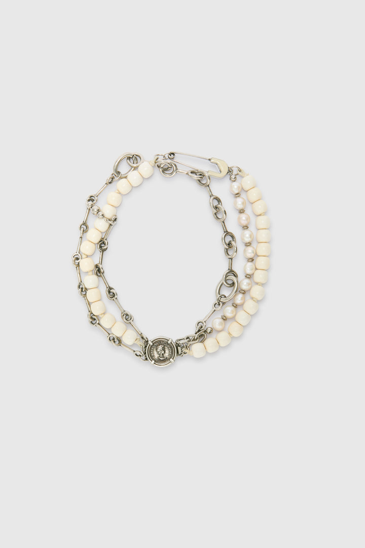 Multistrand necklace with pearls and coin clasp
