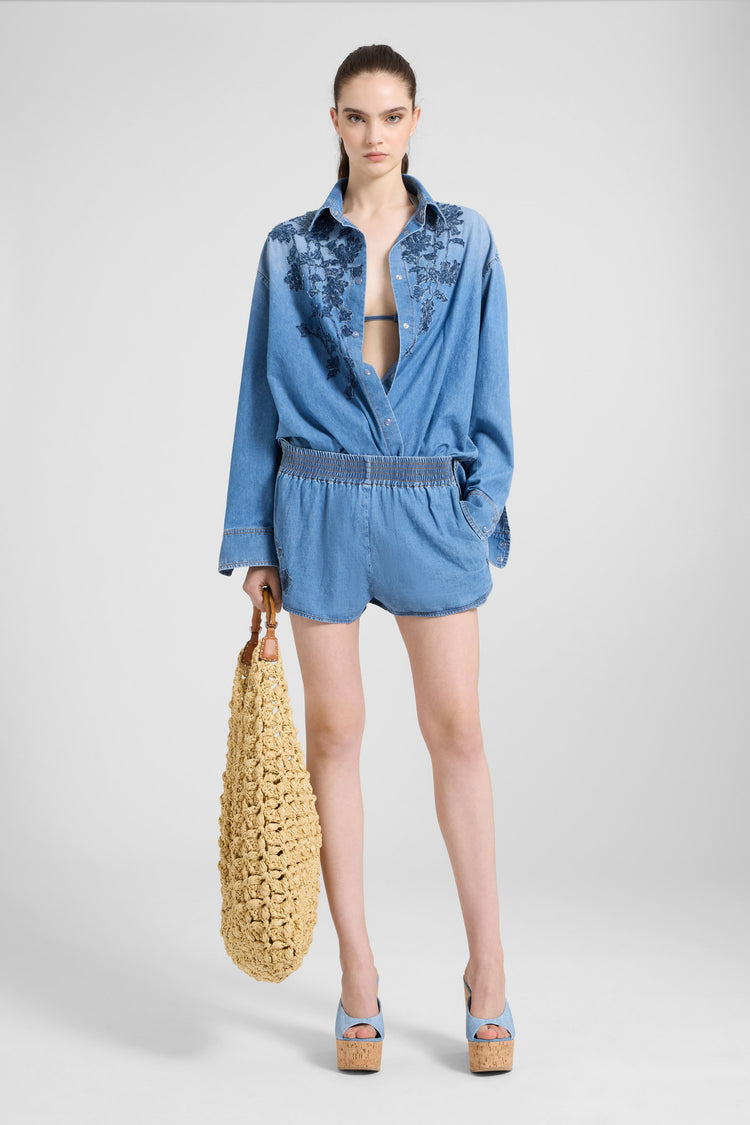 Camicia in denim di cotone con ricamo floreale