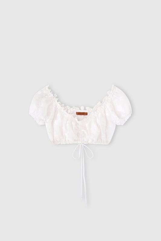 Top a fascia in voile di cotone con ricamo pixel e pizzo