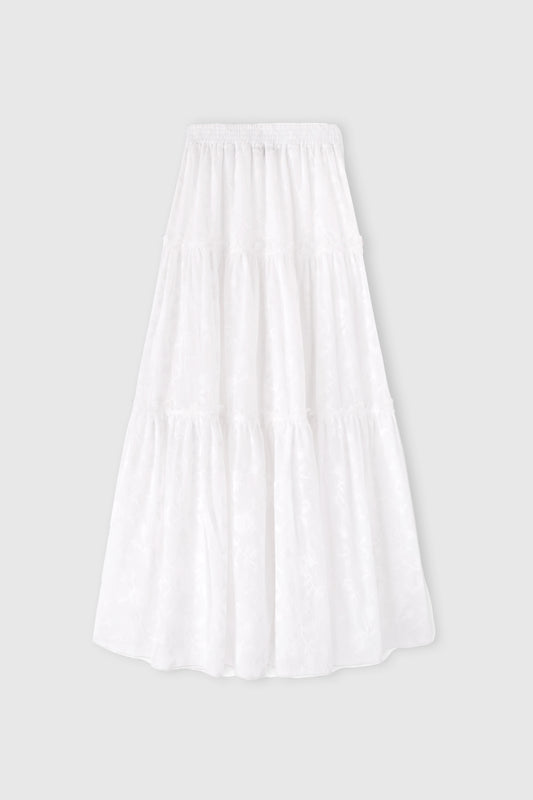 Gonna lunga in voile di puro cotone con coulisse e balze