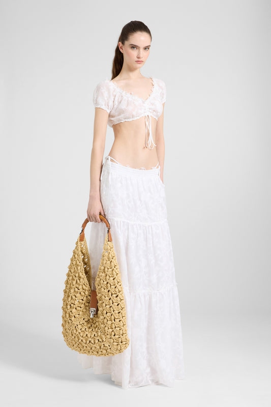 Gonna lunga in voile di puro cotone con coulisse e balze