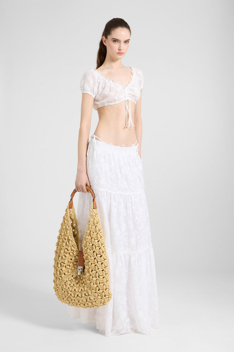 Gonna lunga in voile di puro cotone con coulisse e balze