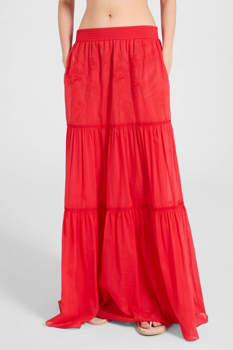 Gonna lunga in cotone e seta con balze e inserto in pizzo