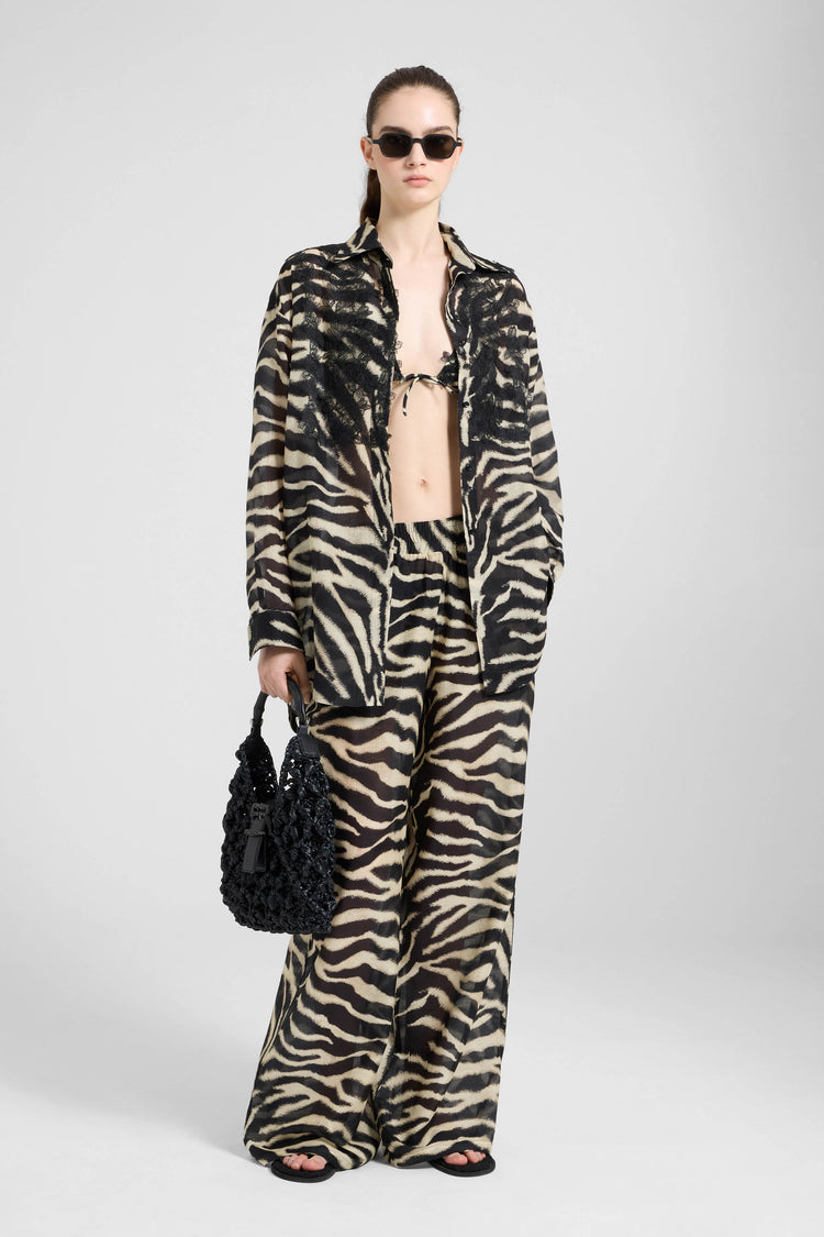 Zebra-print cotton and silk palazzo trousers with drawstring waist