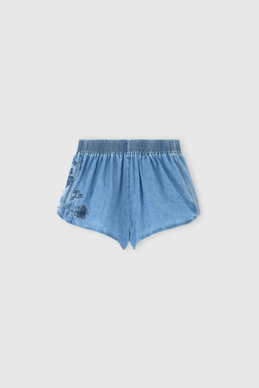 Cotton chambray shorts with hand-embroidered lace inserts