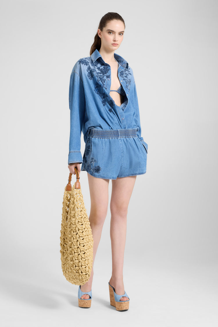 Cotton chambray shorts with hand-embroidered lace inserts