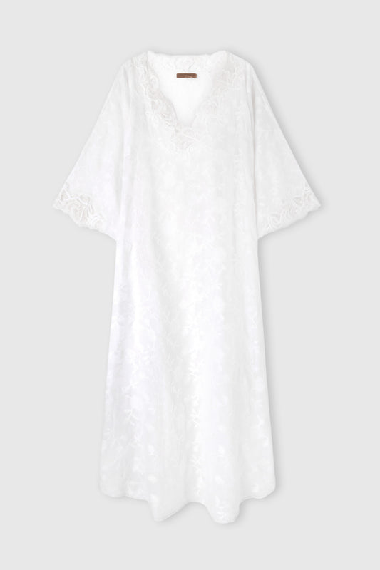 Pure cotton voile kaftan with all-over floral embroidery