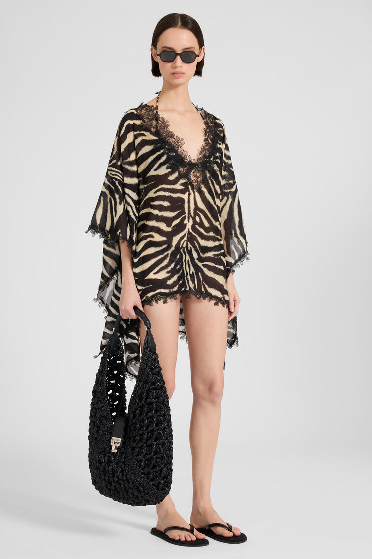 Kaftano corto in mix cotone e seta con stampa animalier zebrata
