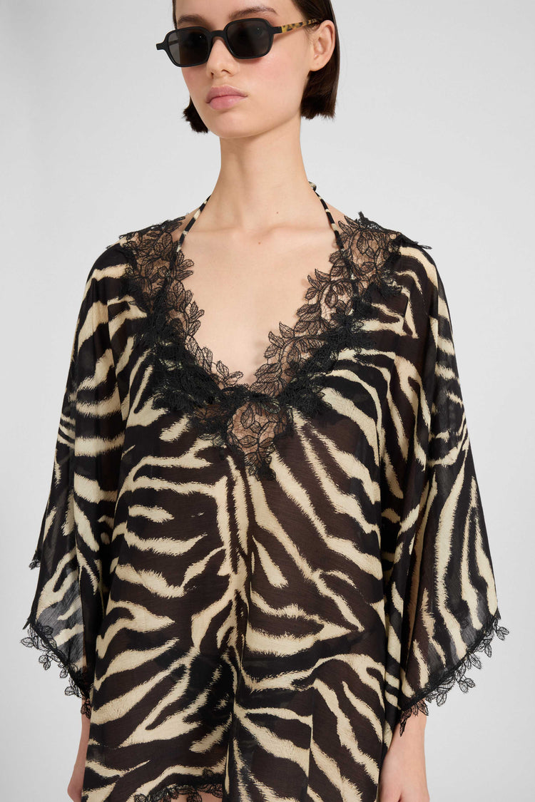Kaftano corto in mix cotone e seta con stampa animalier zebrata