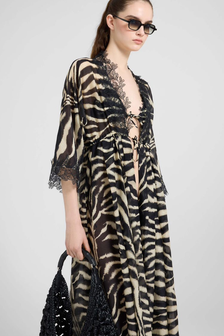 Abito lungo in cotone e seta con stampa animalier zebrata