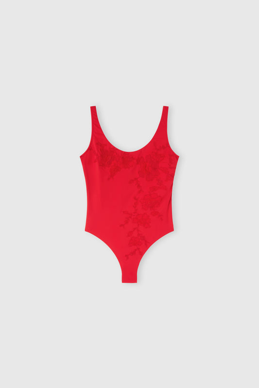 Costume intero con inserti in tulle e ricami floreali