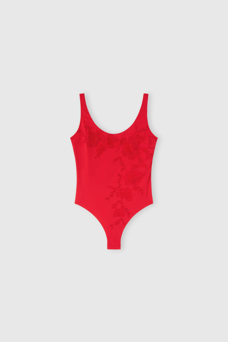 One-piece swimsuit with tulle inserts and floral embroidery