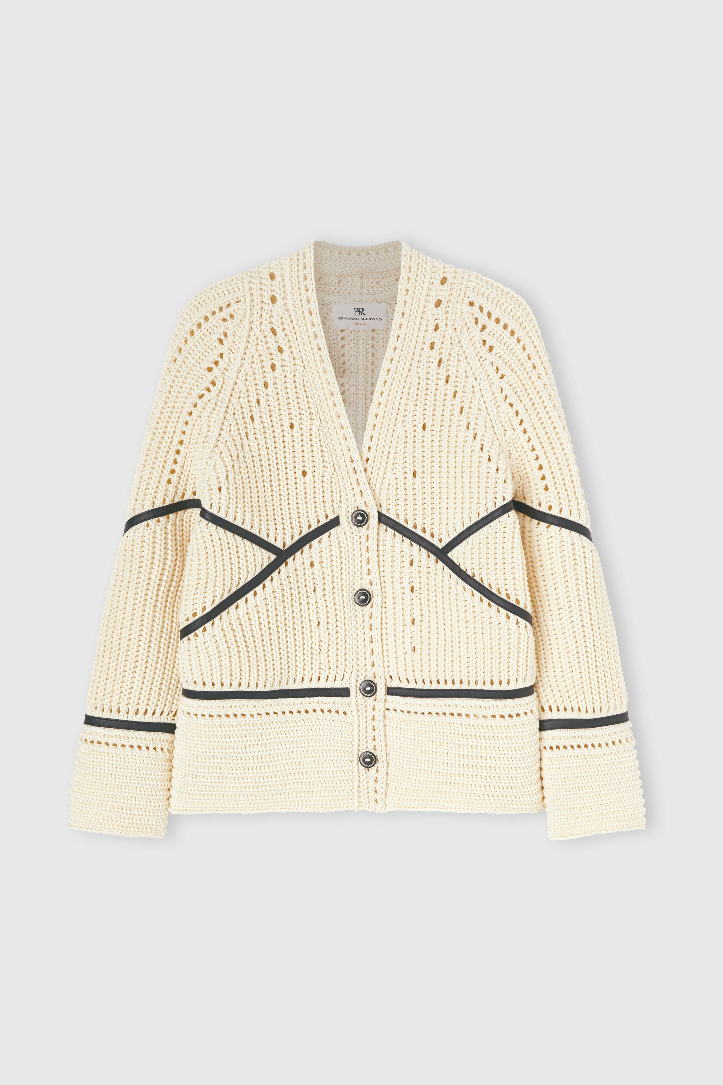 Cotton cardigan with black leather trims - Ermanno Scervino