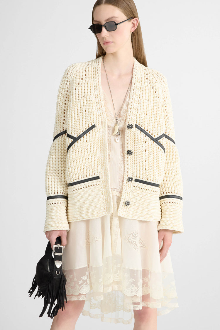 Cotton cardigan with leather trims