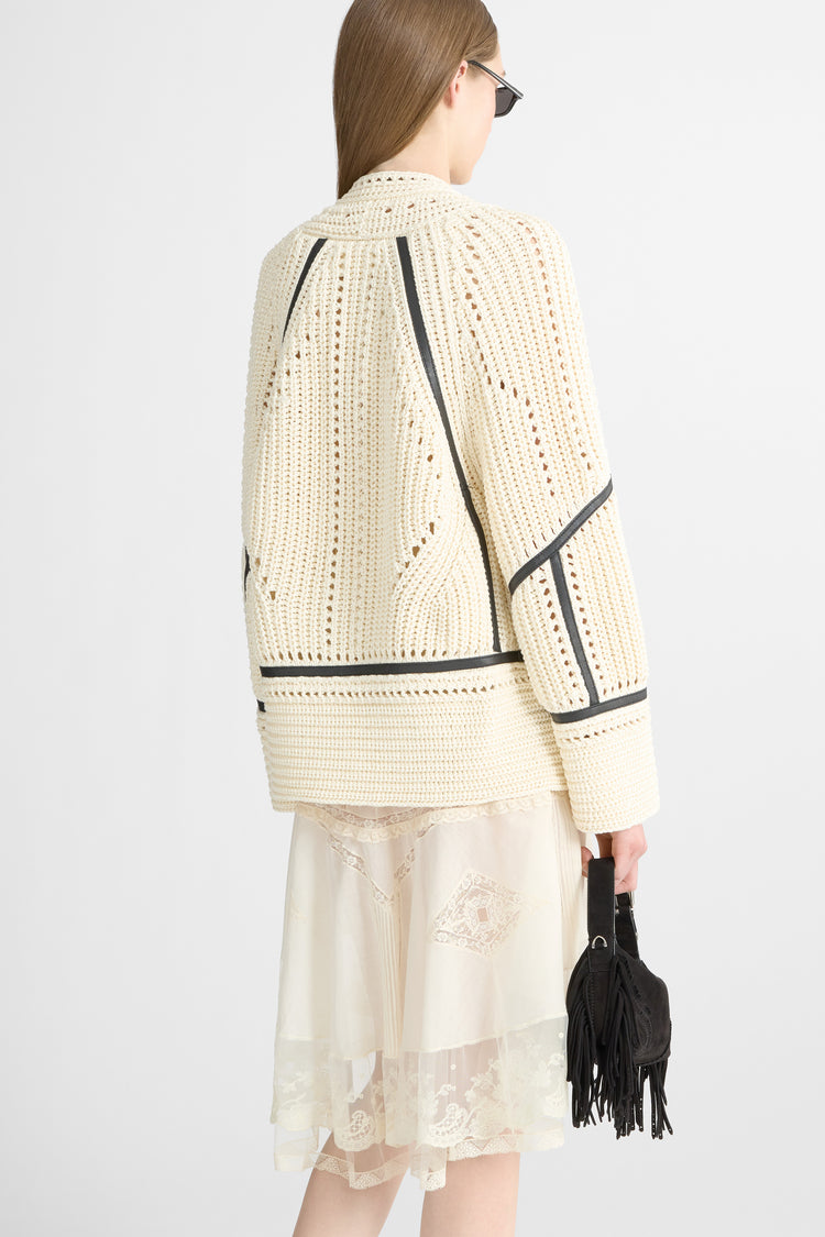 Cotton cardigan with leather trims