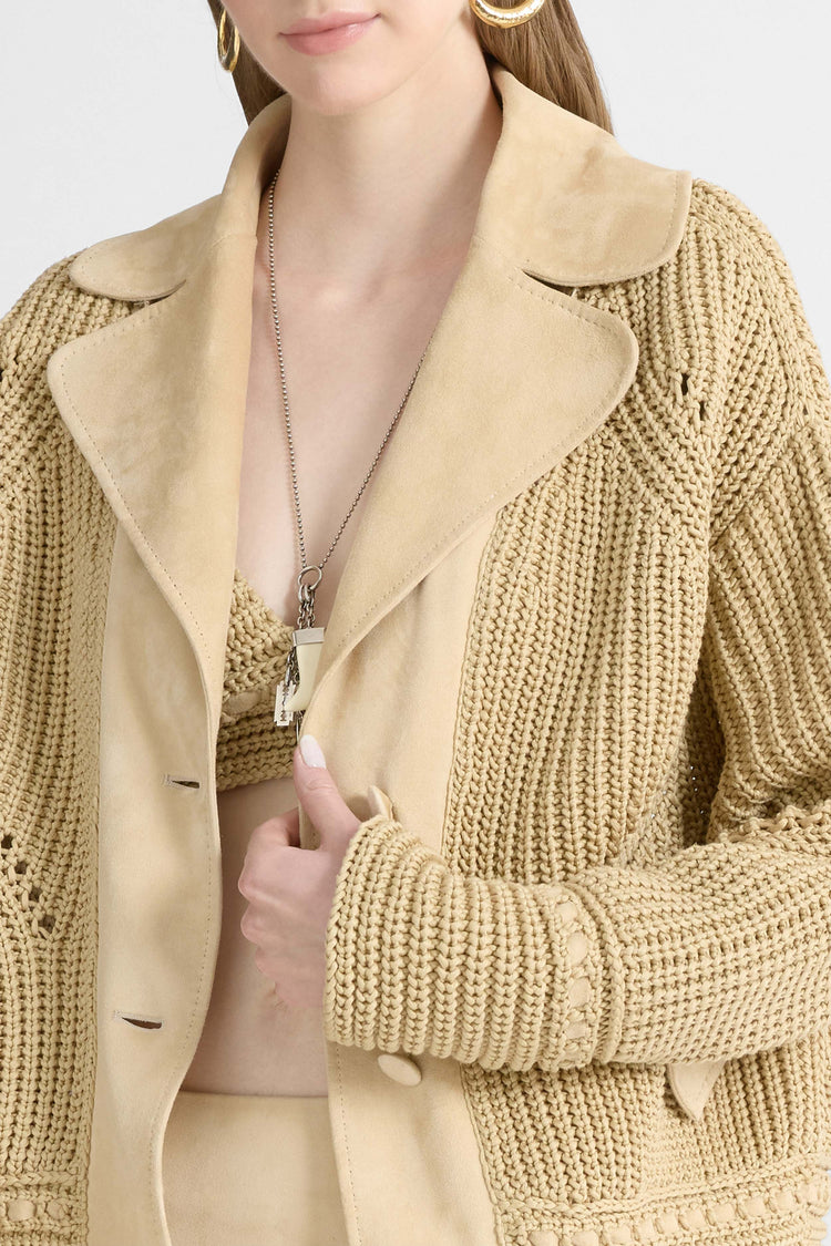 Cotton cardigan with suede leather details