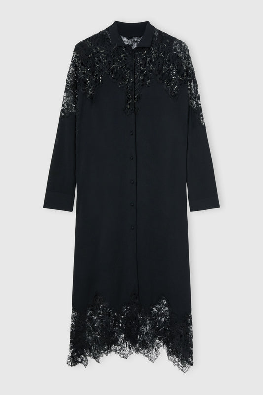 Long chemisier in viscose with lace appliqués and tone-on-tone crystals