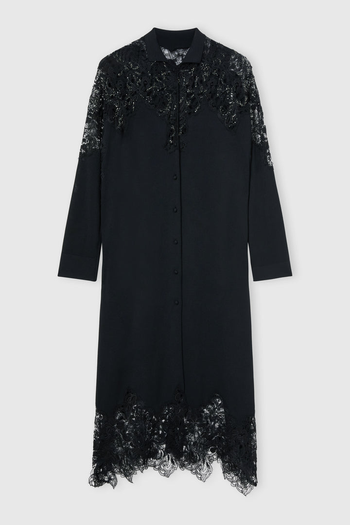 Long chemisier in viscose with lace appliqués and tone-on-tone crystals