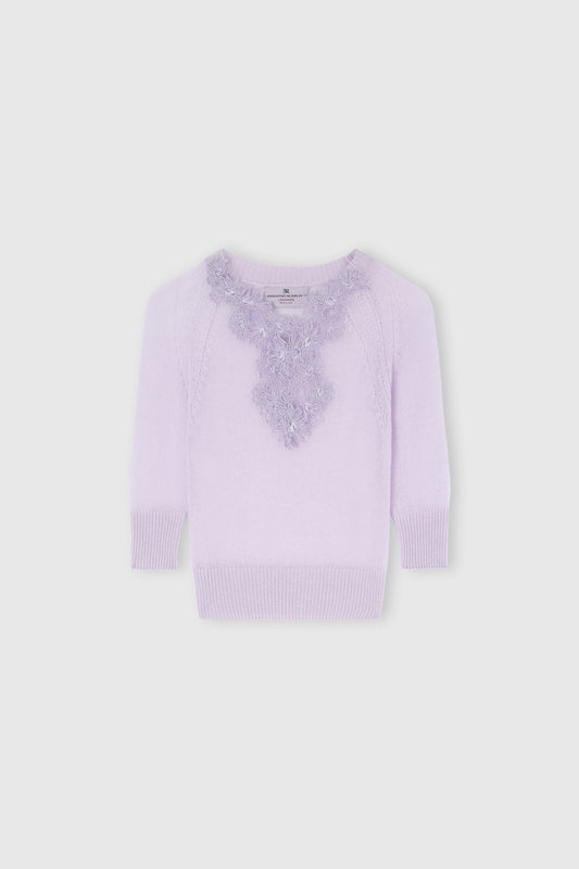 Pure cashmere sweater top with rebrodé lace