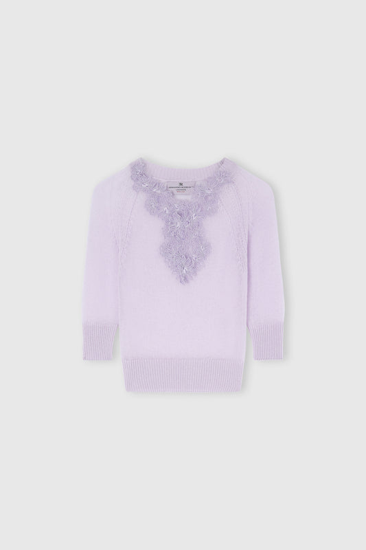Pure cashmere sweater top with rebrodé lace