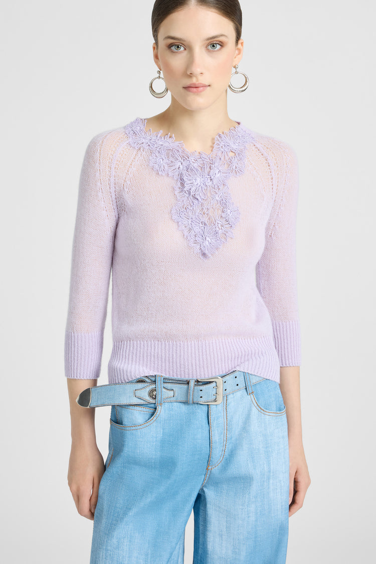 Pure cashmere sweater top with rebrodé lace