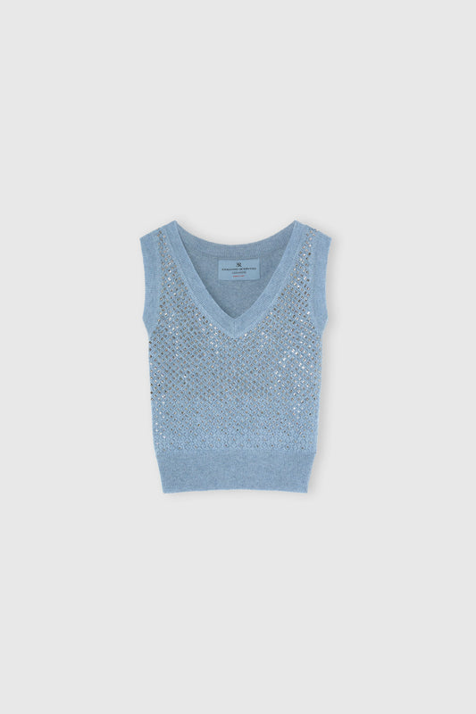 Sleeveless pure cashmere top with crystals