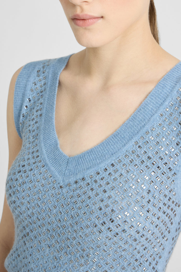 Sleeveless pure cashmere top with crystals