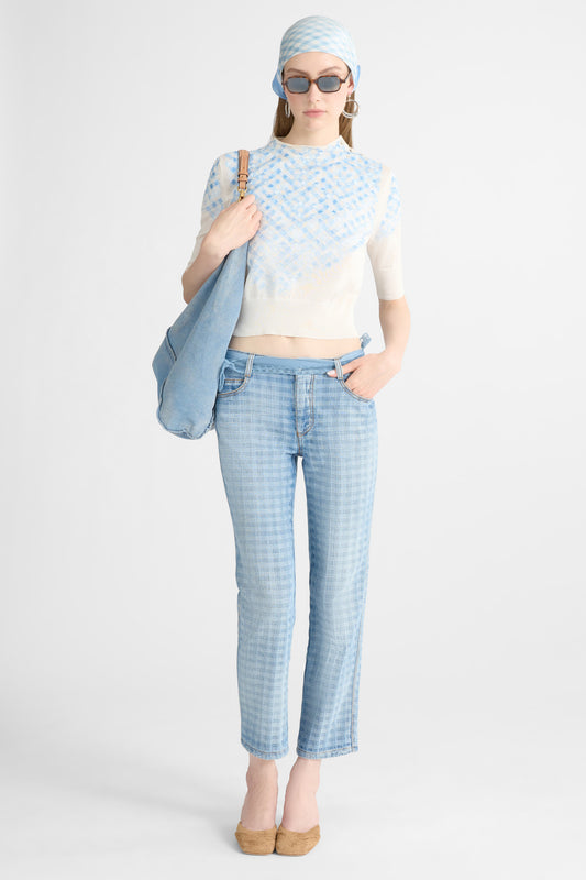 Filo di Scozia Cotton T-Shirt with Faded Micro Vichy Embroidery