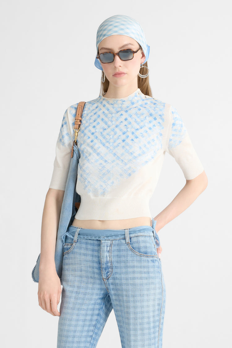 T-shirt en coton Filo di Scozia avec broderie micro vichy dégradée