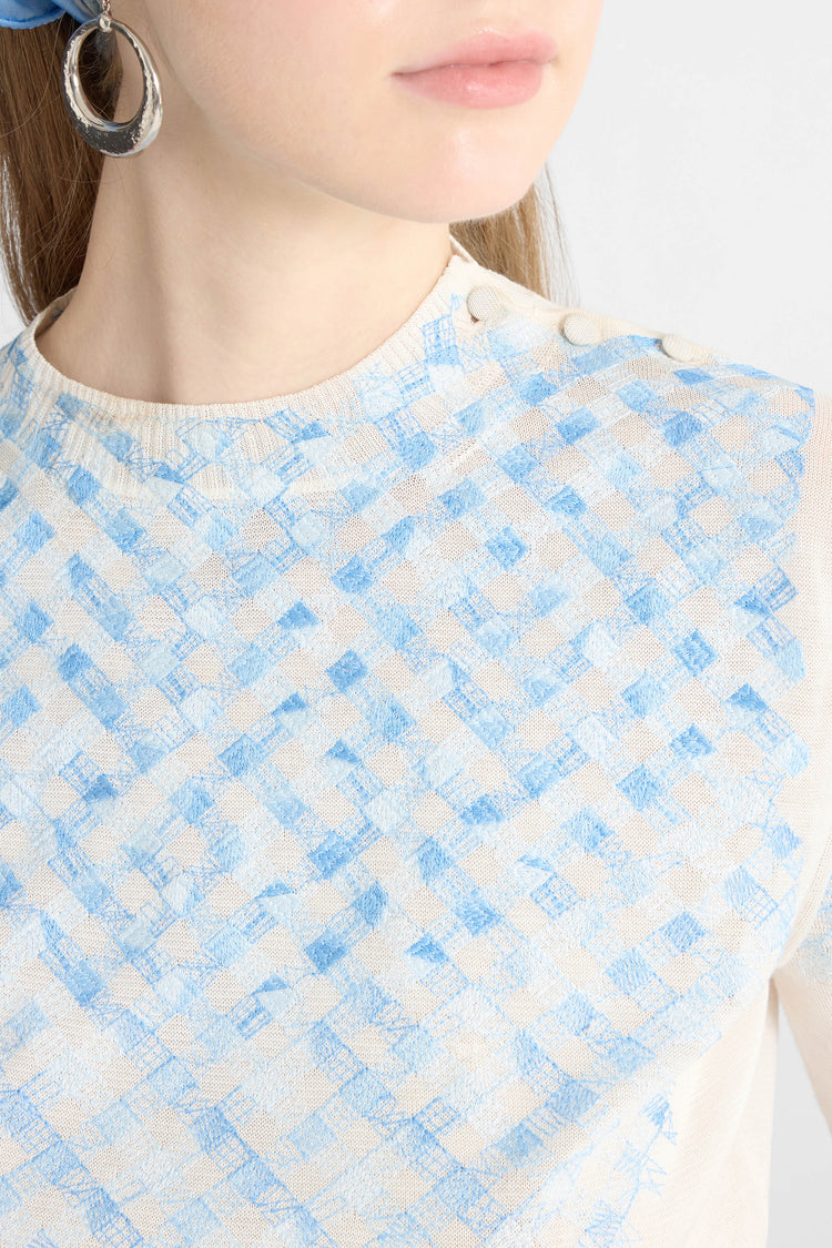 T-shirt en coton Filo di Scozia avec broderie micro vichy dégradée