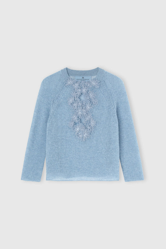 Cashmere sweater with V-neck and daisy appliqués