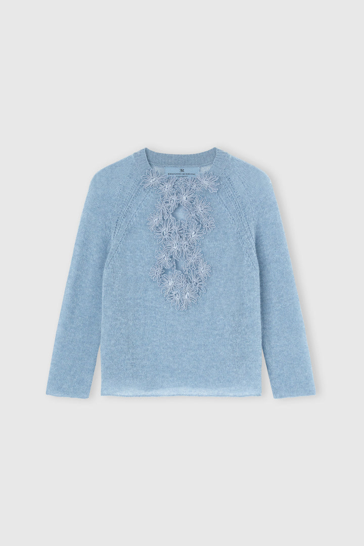 Cashmere sweater with V-neck and daisy appliqués