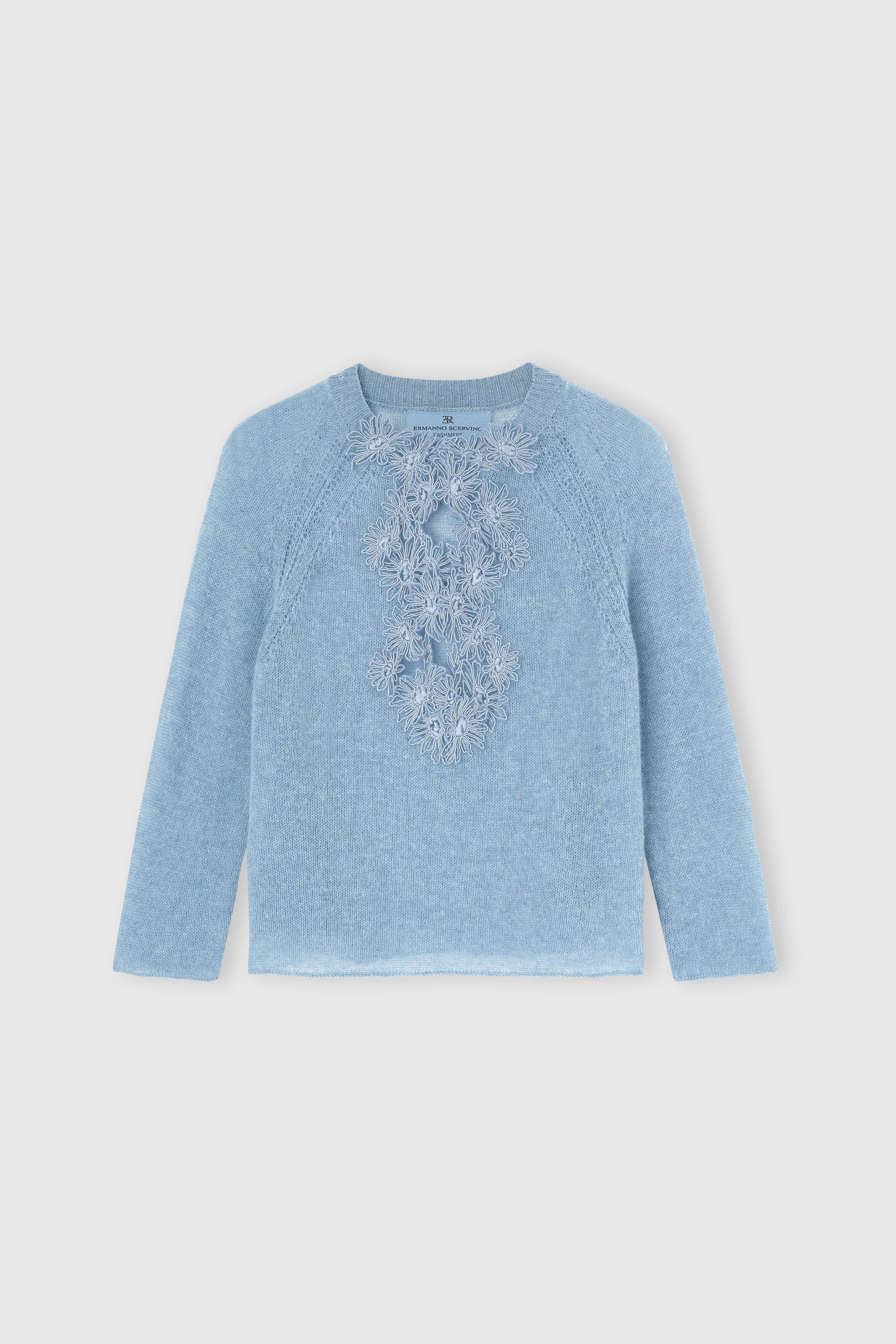 Pure cashmere V-neck sweater with handmade daisy appliqués