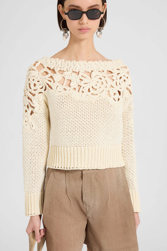 Long-sleeve crochet cotton sweater «Giardini d’autore»