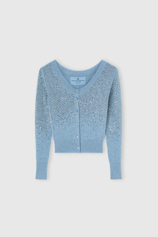 Cashmere cardigan with gradient crystal appliqués