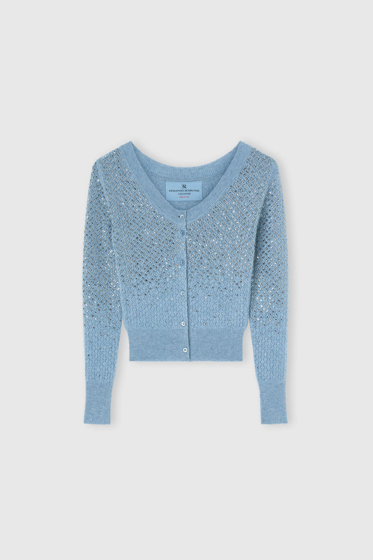 Cashmere cardigan with gradient crystal appliqués