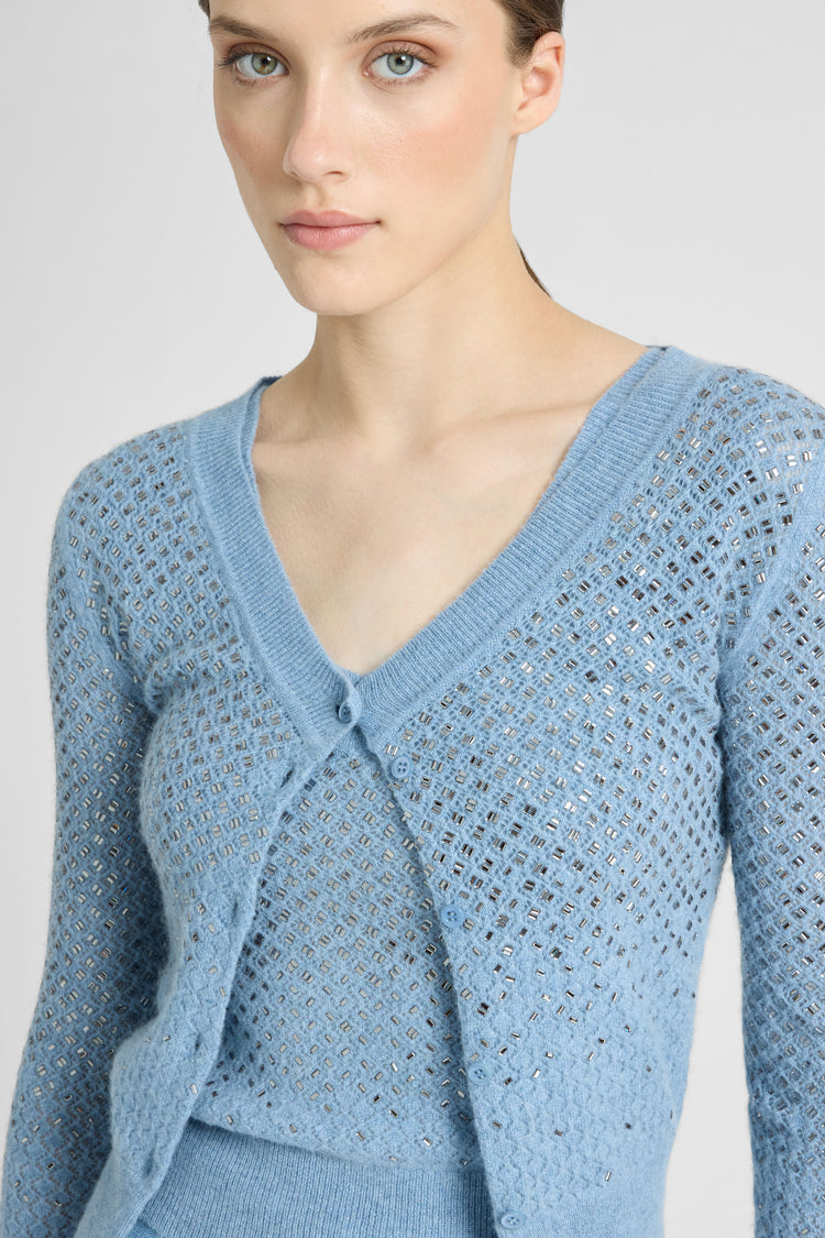 Cashmere cardigan with gradient crystal appliqués