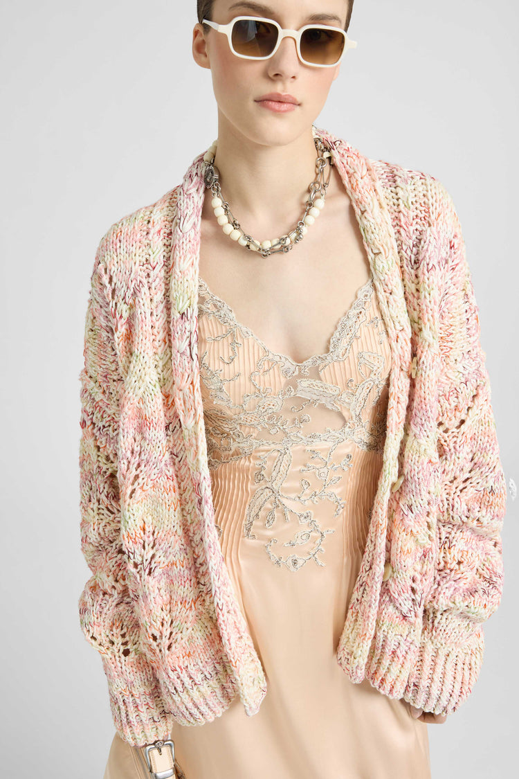 Midi Cotton Mouliné Cardigan with Interlaced Leaf Pattern