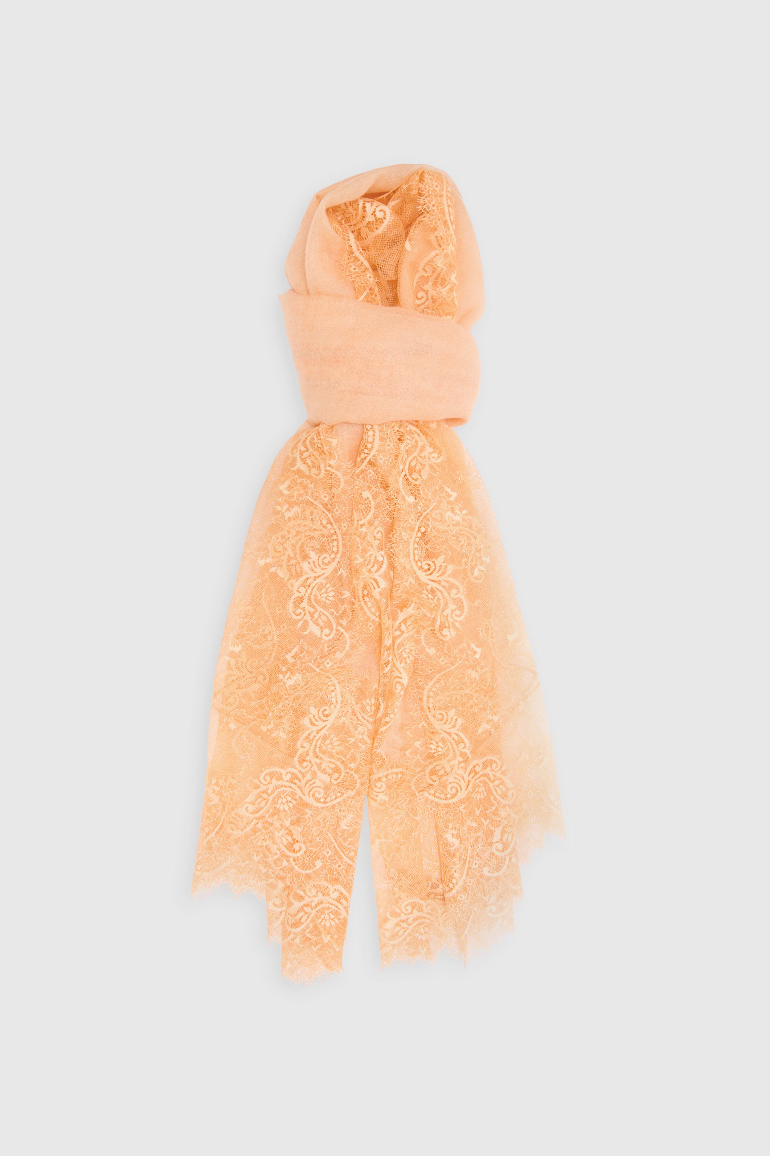 小物 RENOVY 100% CASHMERE STOLE Orange pure cashmere stole with fine rebrodé lace trim