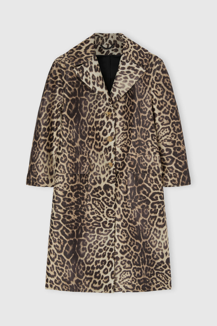 Technical mesh-effect coat with natural leopard print