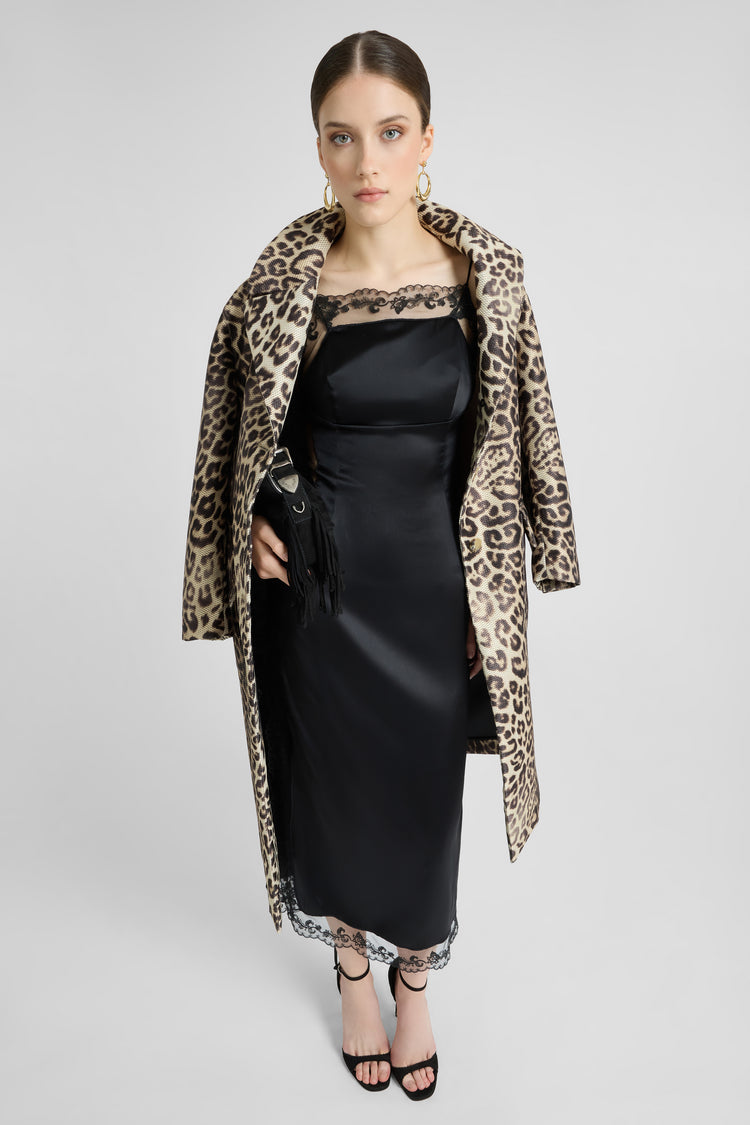 Technical mesh-effect coat with natural leopard print