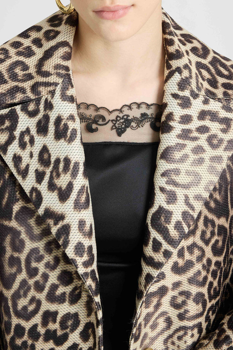 Technical mesh-effect coat with natural leopard print