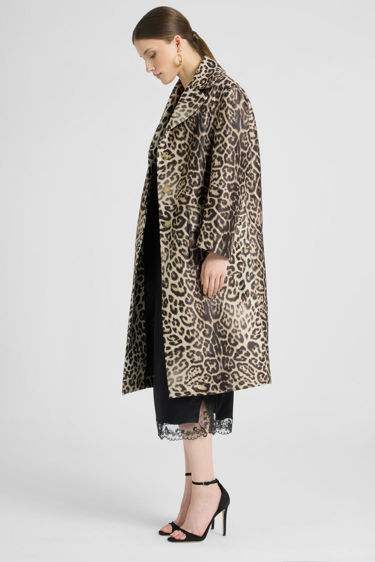 Technical mesh-effect coat with natural leopard print