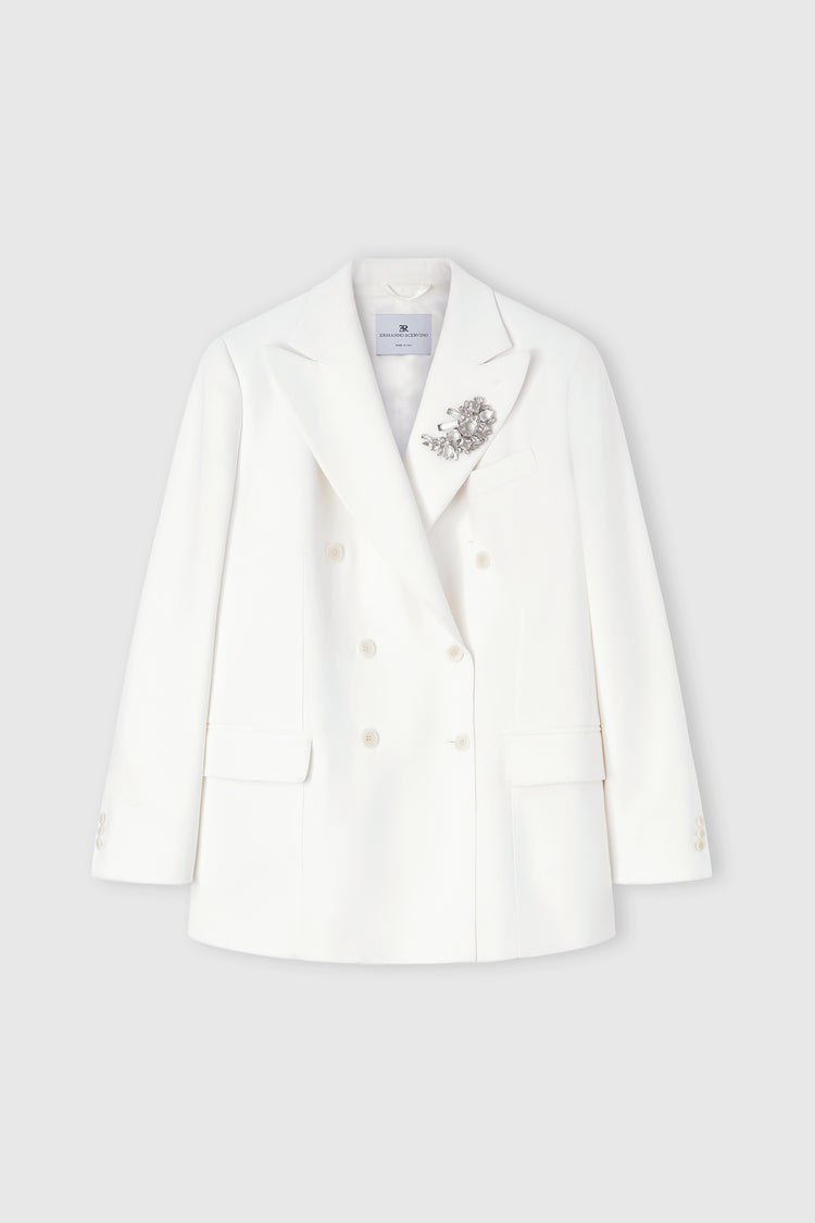 Double-breasted cadì viscose jacket with daisy brooch