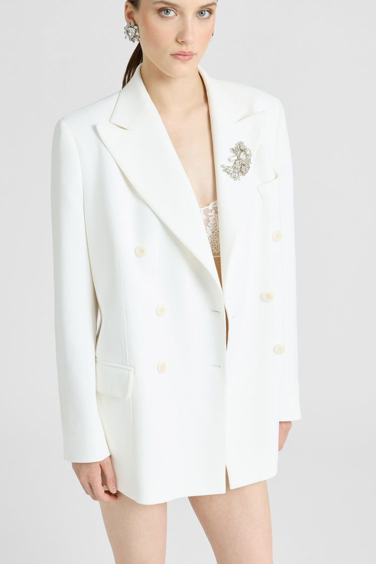 Double-breasted cadì viscose jacket with daisy brooch