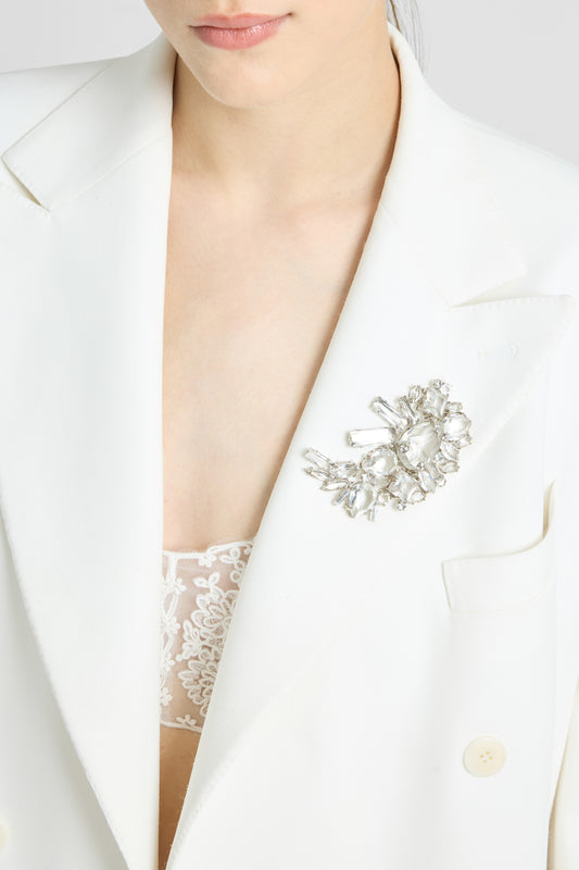 Double-breasted cadì viscose jacket with daisy brooch